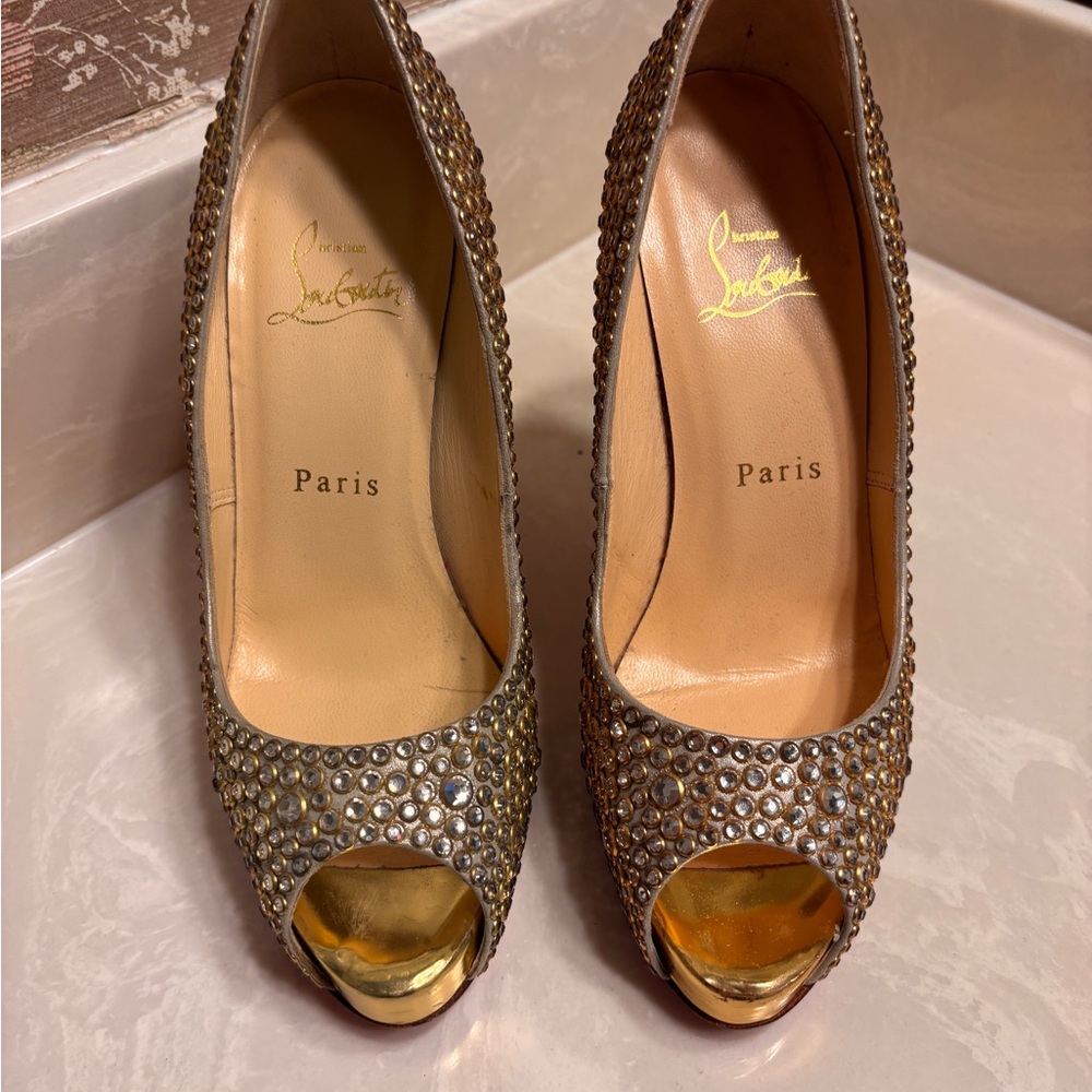 Christian Louboutin Gold Studded Peep-Toe Heels